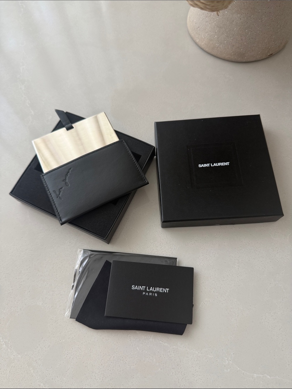 Saint Laurent Black Leather Card Sleeve with purse mirror